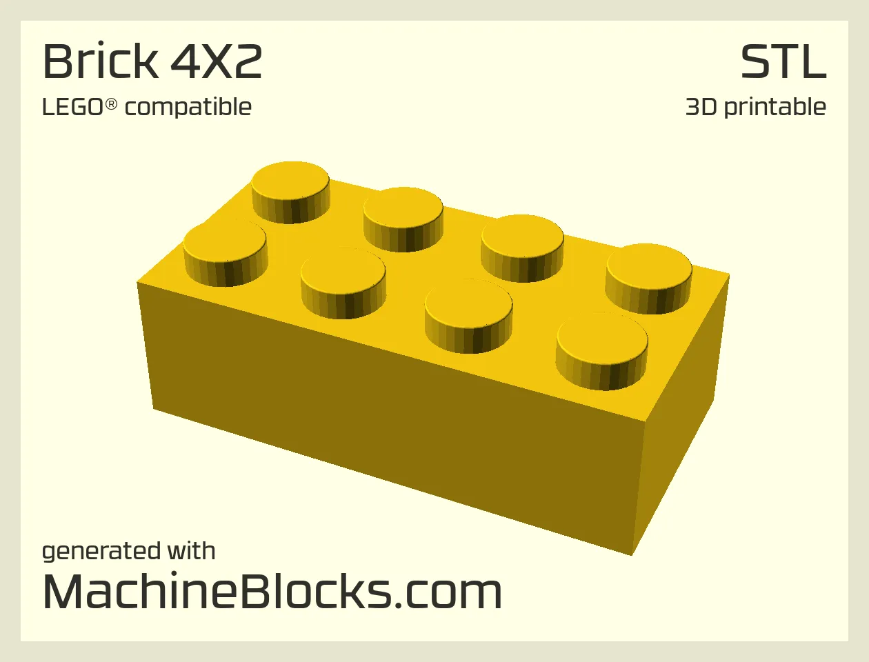 STL Model of LEGO® compatible Block 4x2 optimized for 3D Printing (generated with MachineBlocks.com)