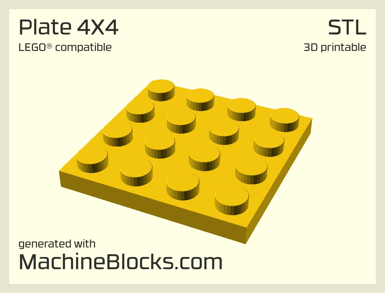 STL Model of LEGO® compatible Plate 4x4 optimized for 3D Printing (generated with MachineBlocks.com)