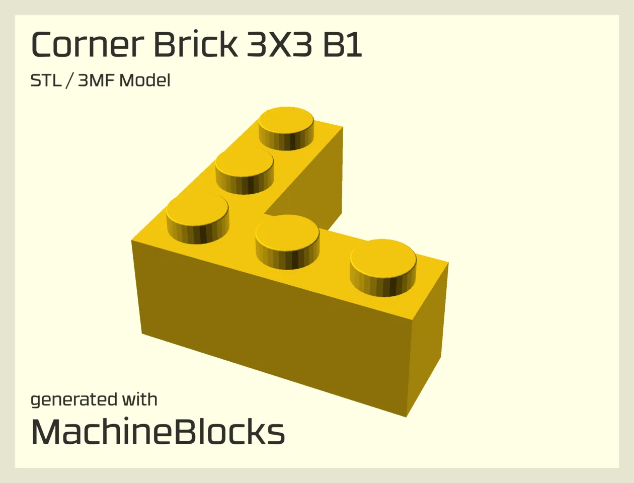 STL Model of LEGO® compatible Corner Brick 3x3 B1 optimized for 3D Printing (generated with MachineBlocks.com)