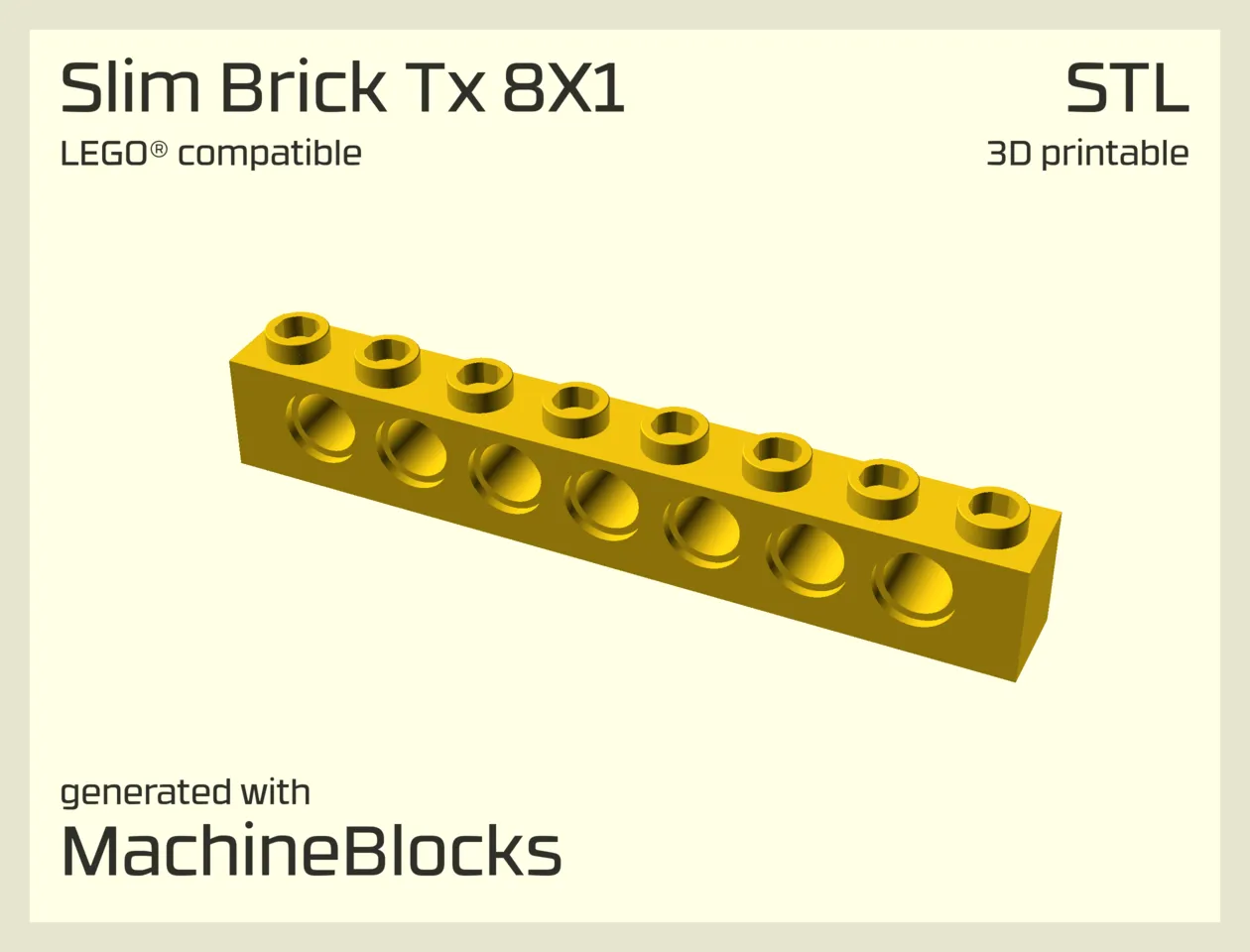 STL Model of LEGO® Technic® compatible Brick 8x1 optimized for 3D Printing (generated with MachineBlocks.com)