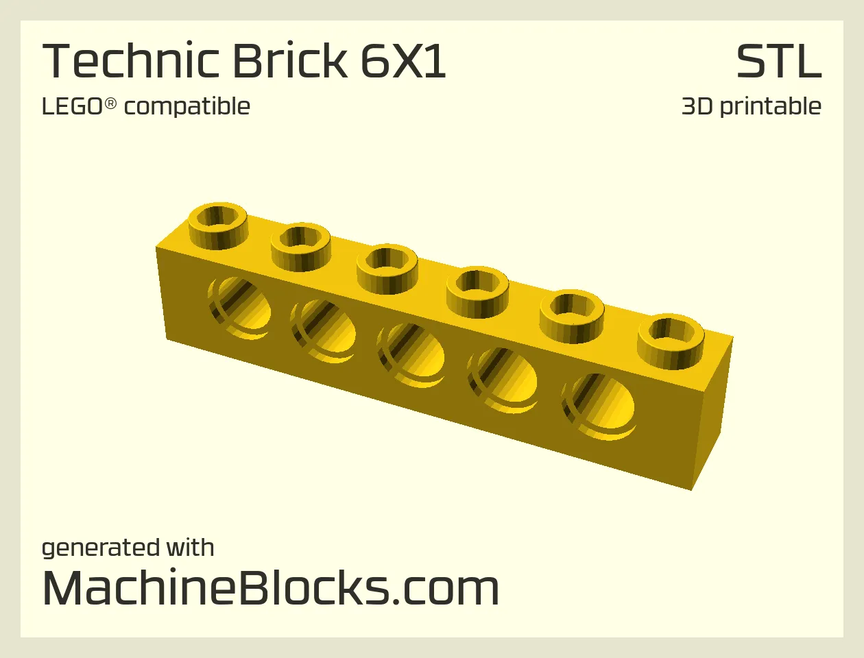 STL Model of LEGO® compatible Technic Brick 6x1 optimized for 3D Printing (generated with MachineBlocks.com)