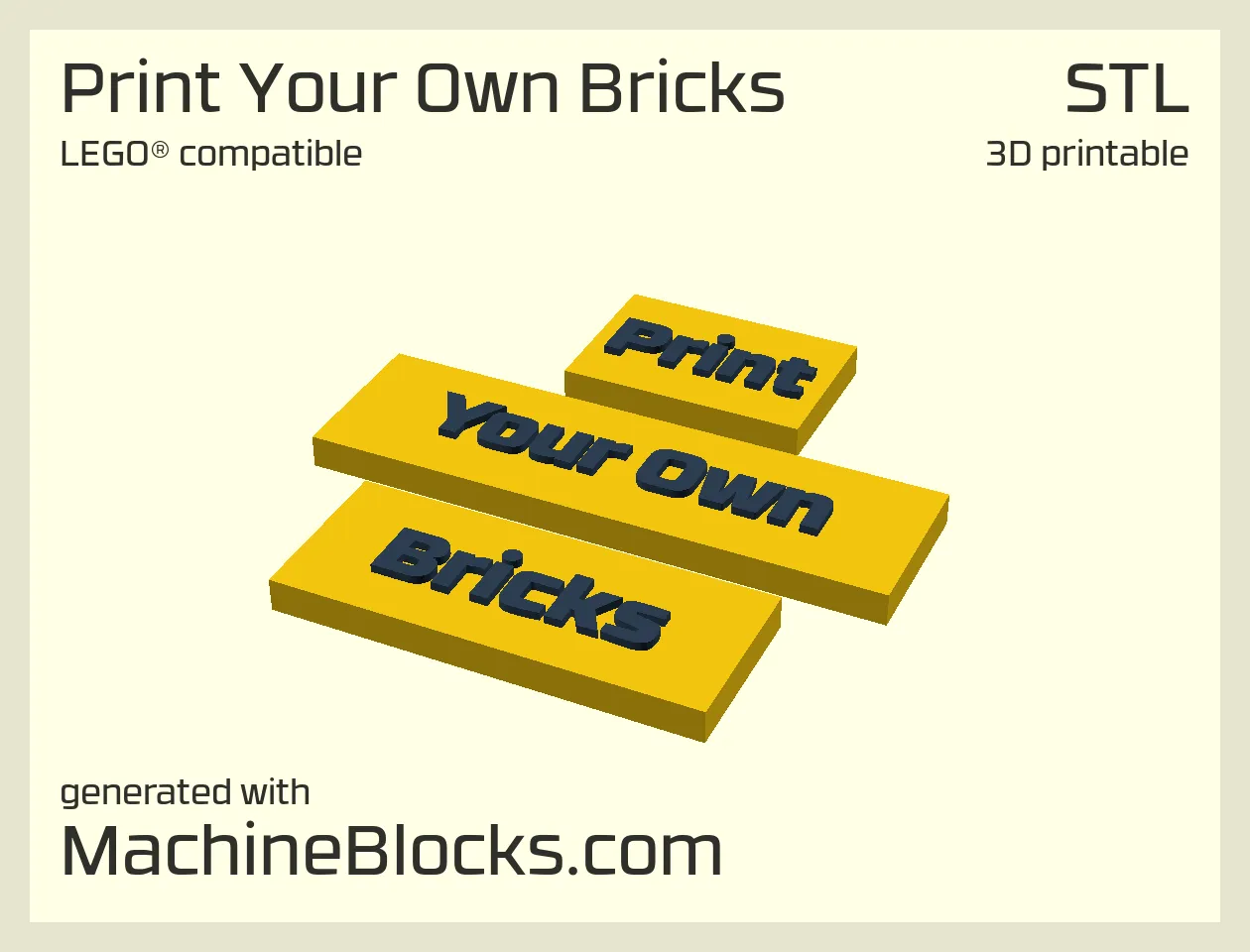 STL Model of LEGO® compatible Text Brick optimized for 3D Printing (generated with MachineBlocks.com)