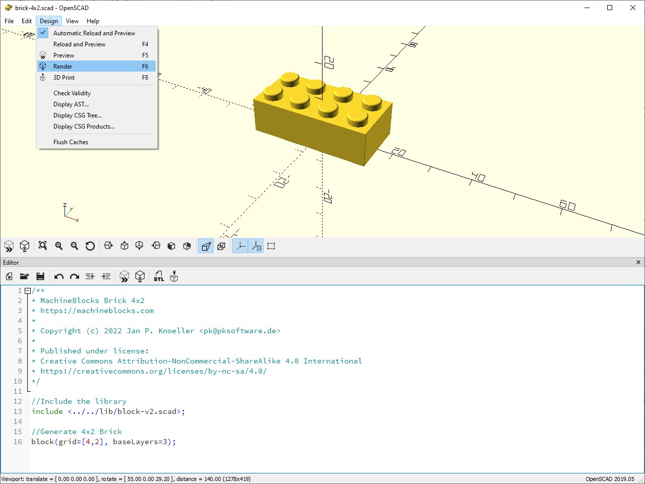 The model for the 3D printed LEGO brick is rendered in OpenSCAD