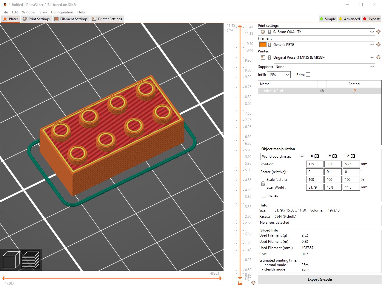 The STL model for the 3D printed LEGO brick is imported into the slicer software