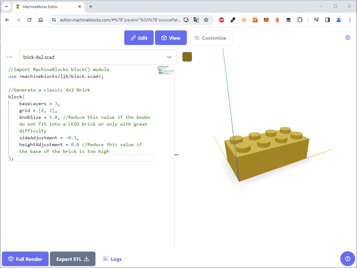 The model for the 3D printed LEGO brick is exported from OpenSCAD as an STL file