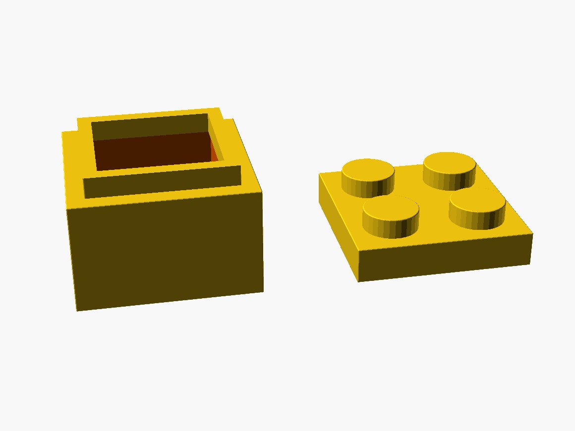 3D printable model of a LEGO 2x2 box with lid.
