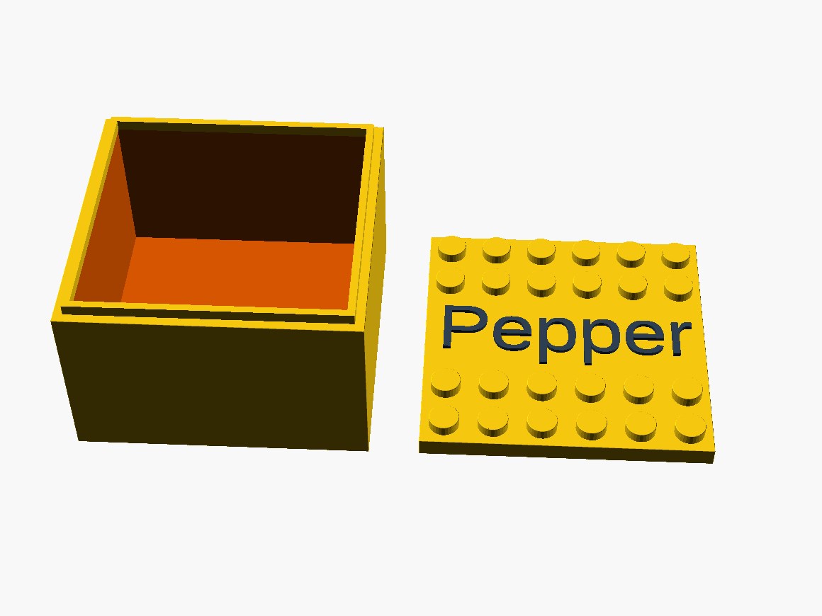 3D printable model of a LEGO 6x6 box with text on lid.