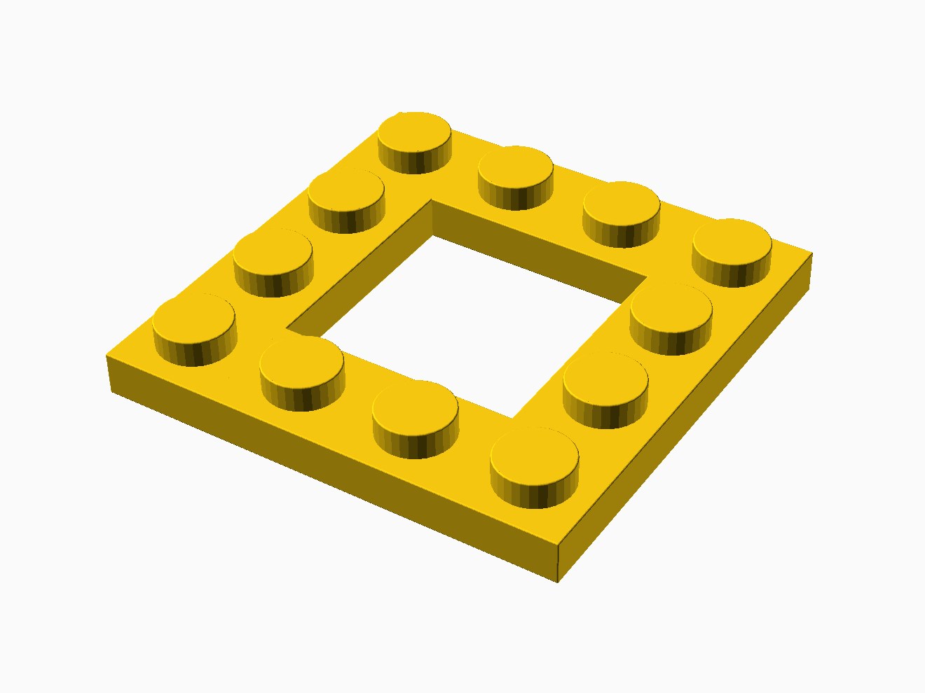 3D printable model of a LEGO 4x4 plate with a 2x2 hole.