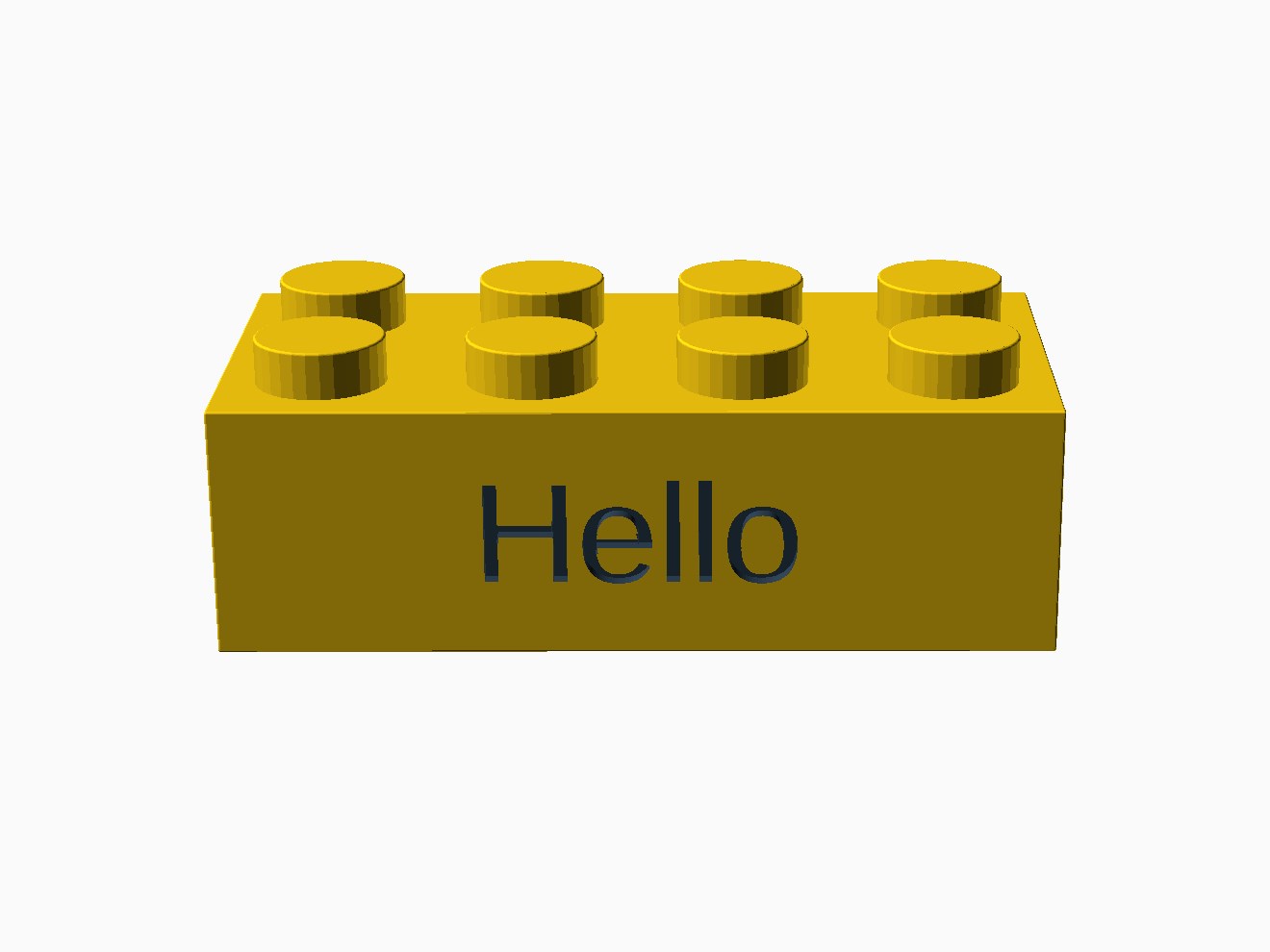 3D printable model of a LEGO 4x2 brick with engraved text.