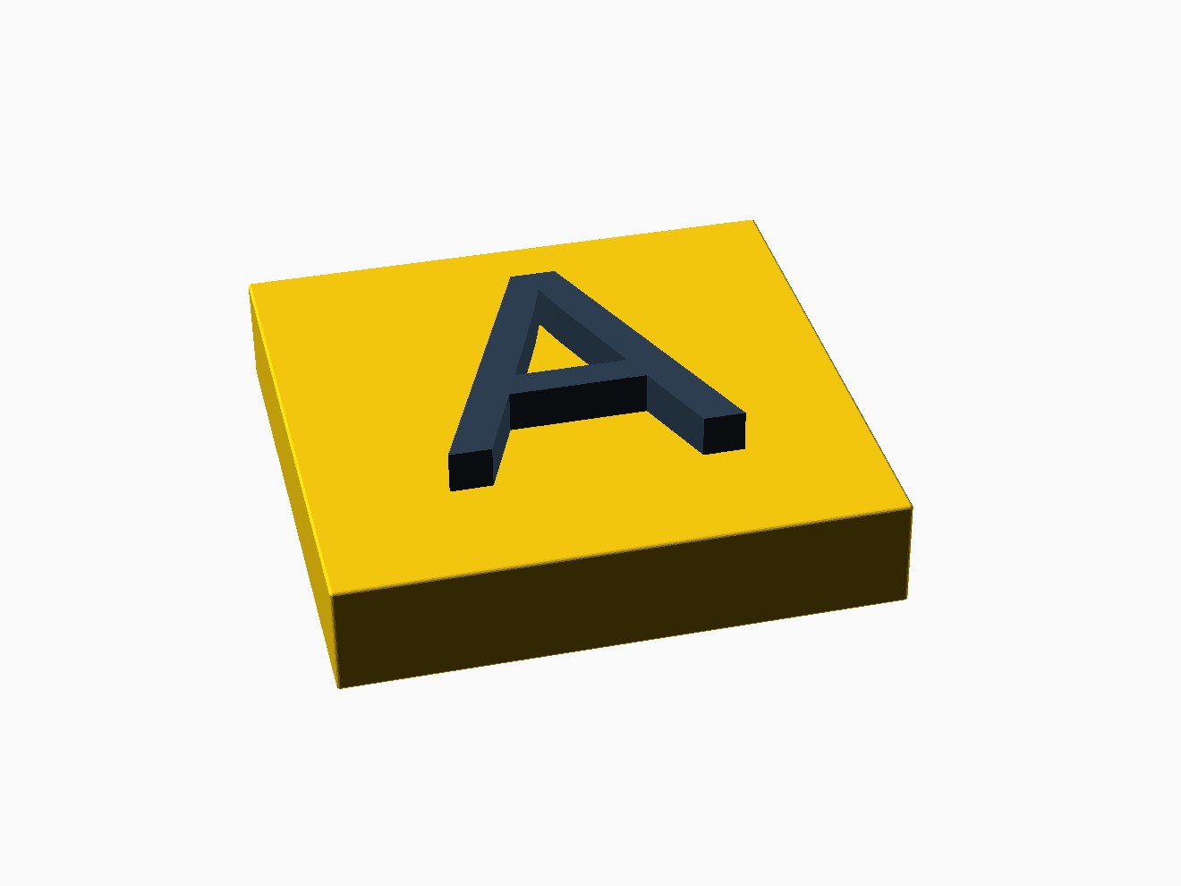 3D printable model of a LEGO 2x2 plate with protruding letter.