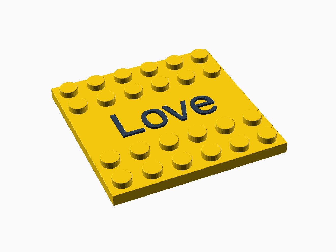 3D printable model of a LEGO 6x6 plate with text between knobs.