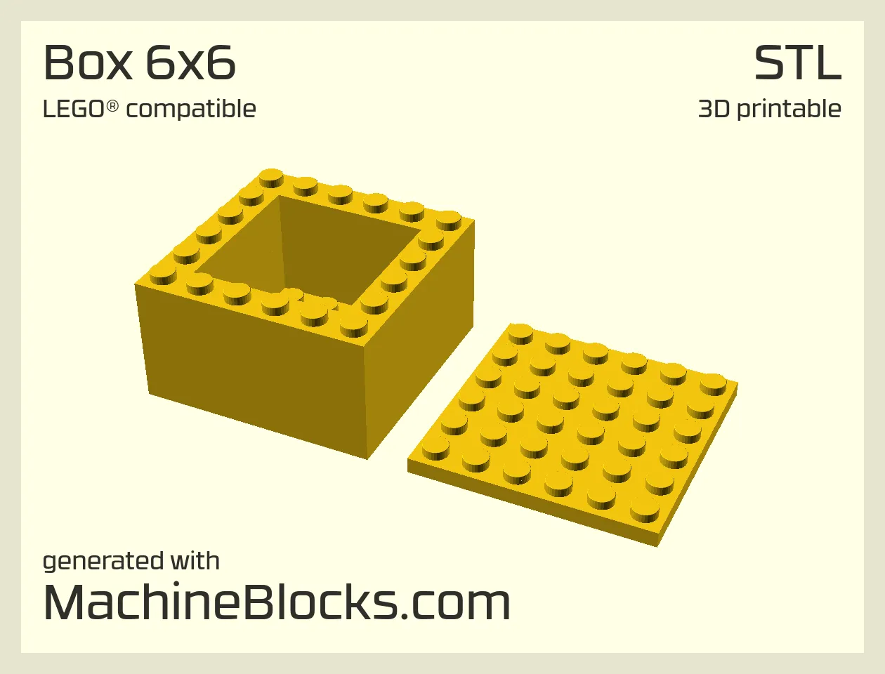 STL Model of LEGO® compatible Box 6x6 optimized for 3D Printing (generated with MachineBlocks.com)