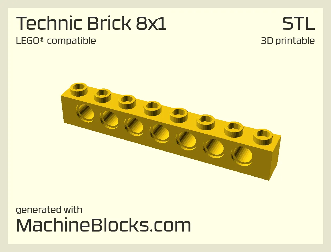 STL Model of LEGO® Technic® compatible Brick 8x1 optimized for 3D Printing (generated with MachineBlocks.com)