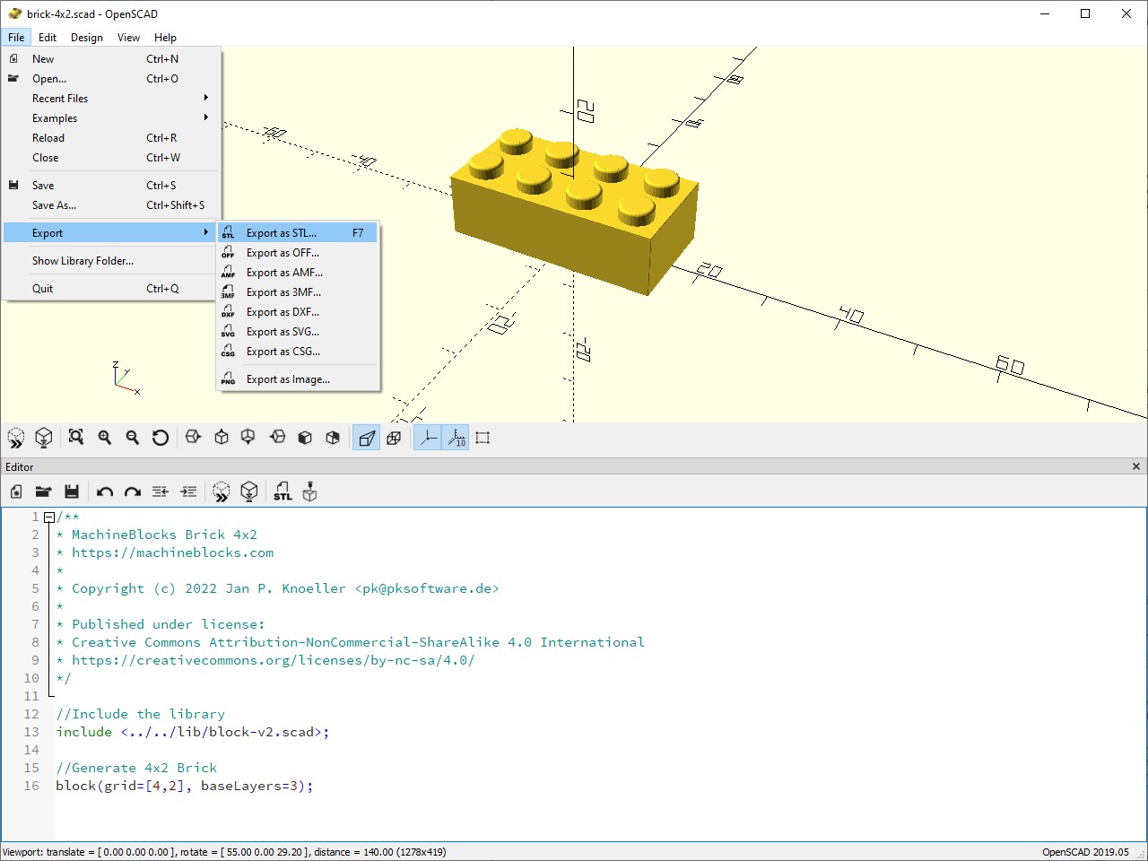 The model for the 3D printed LEGO brick is exported from OpenSCAD as an STL file