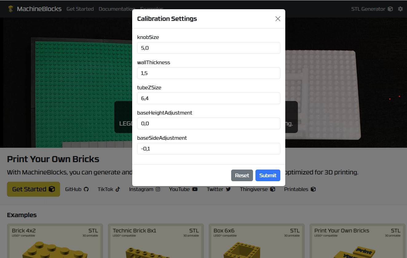 Default Settings for MachineBlocks LEGO® compatible STL Generator