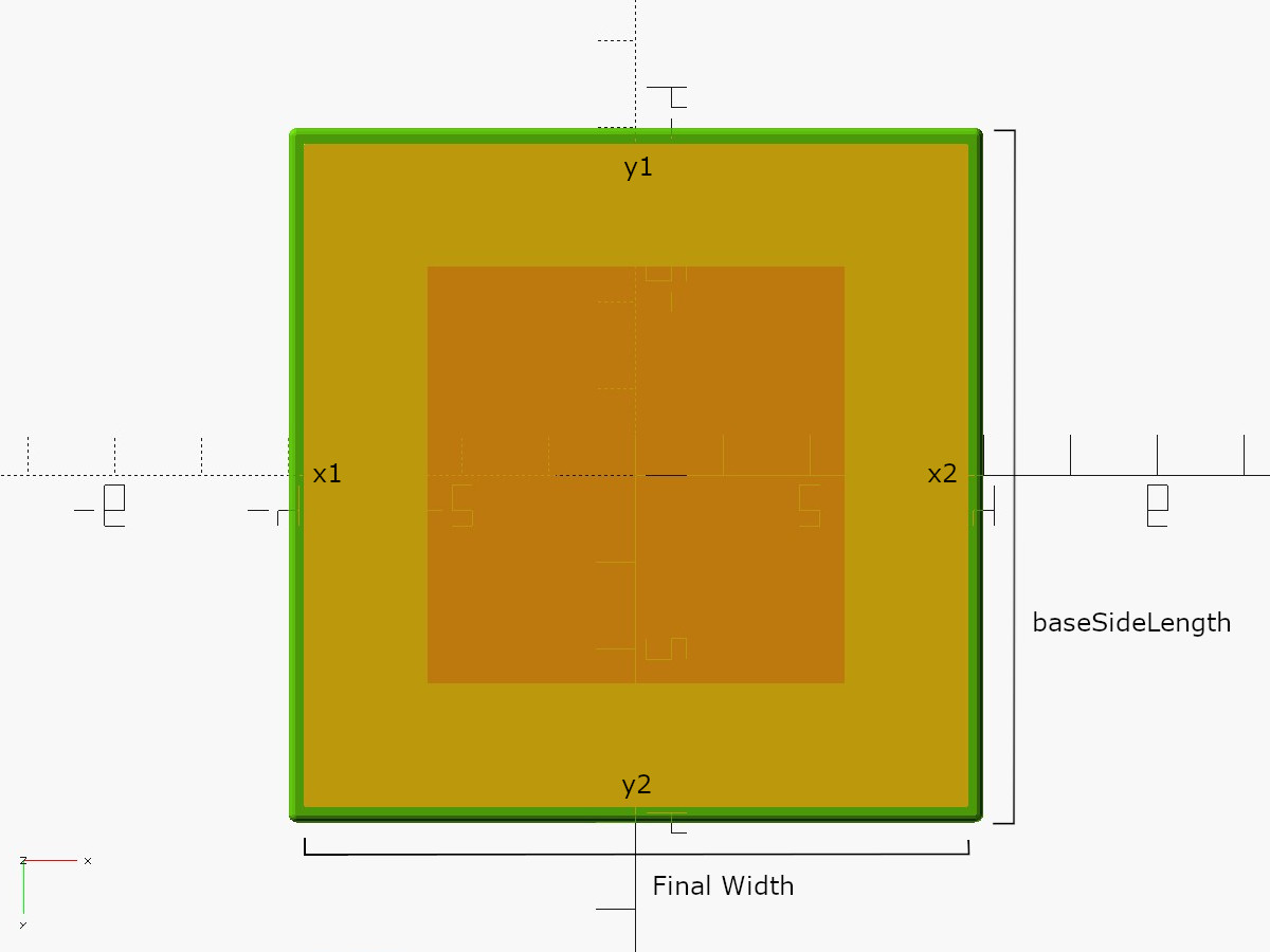 Bottom view of a 3D printable model of a LEGO 1x1 plate with adjusted side length.