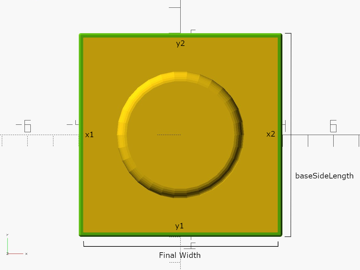 3D printable model of a LEGO 1x1 plate with adjusted side length.