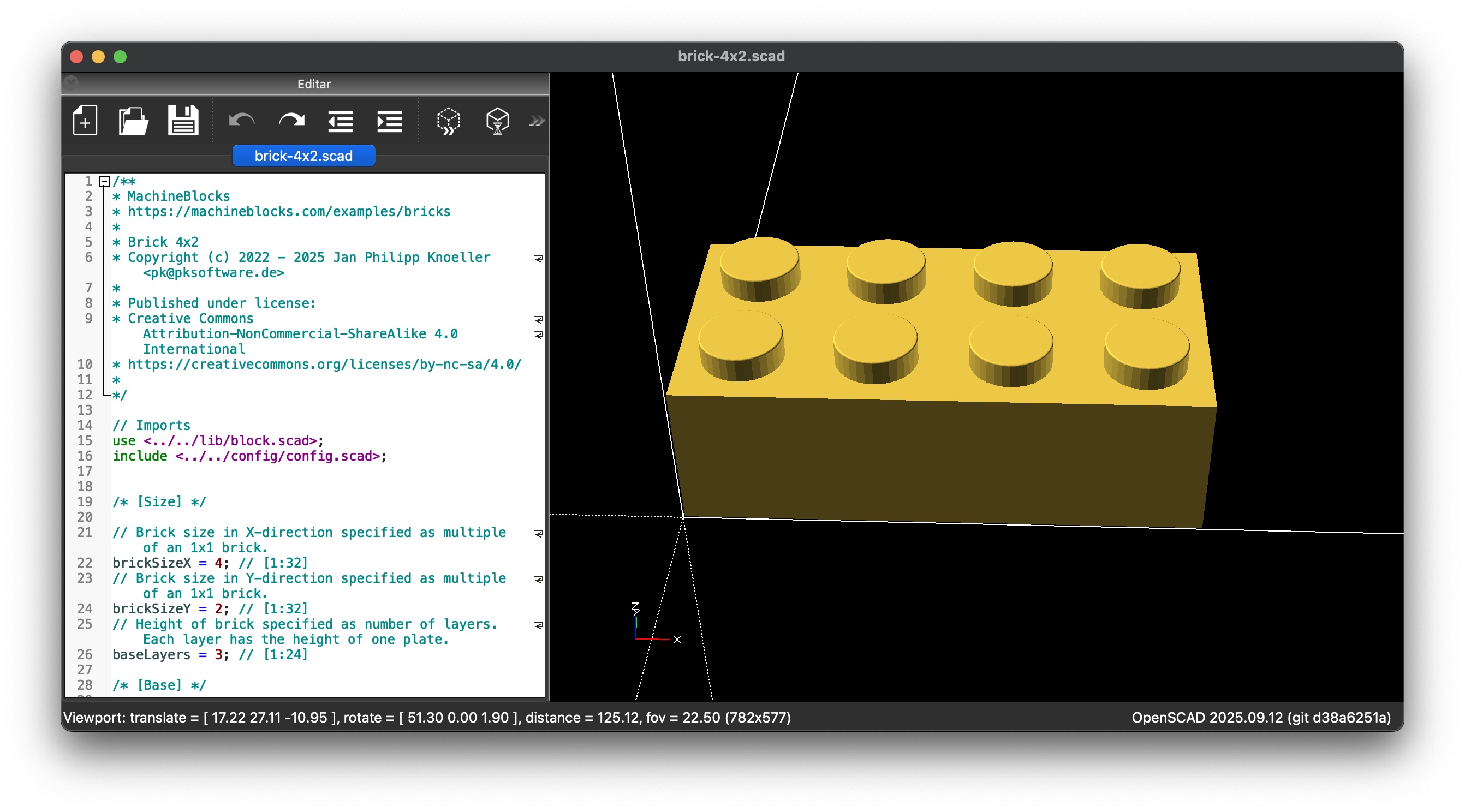 Screenshot of OpenSCAD with a MachineBlocks LEGO® compatible brick model for 3D printing