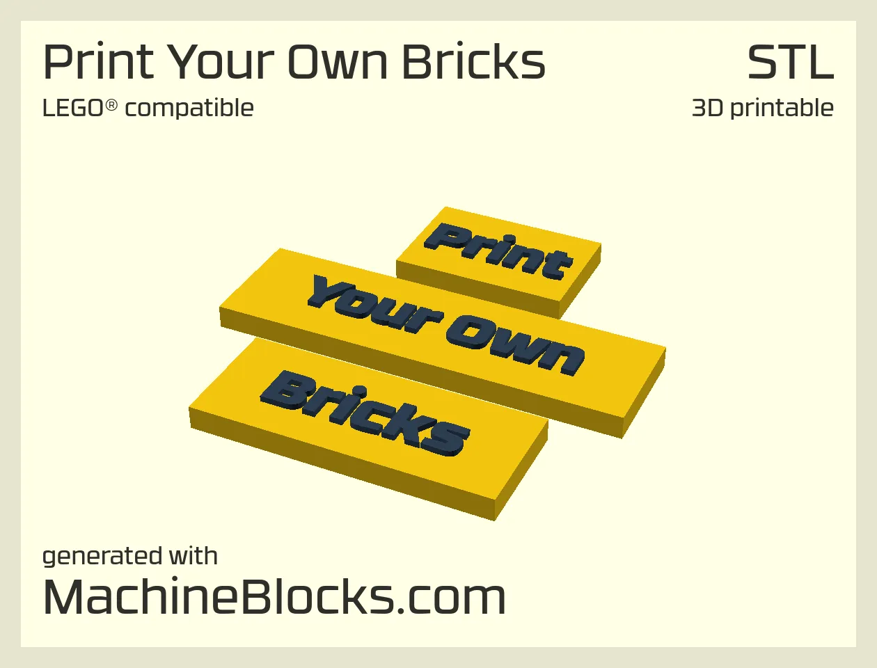 STL Model of LEGO® compatible text bricks optimized for 3D Printing (generated with MachineBlocks.com)